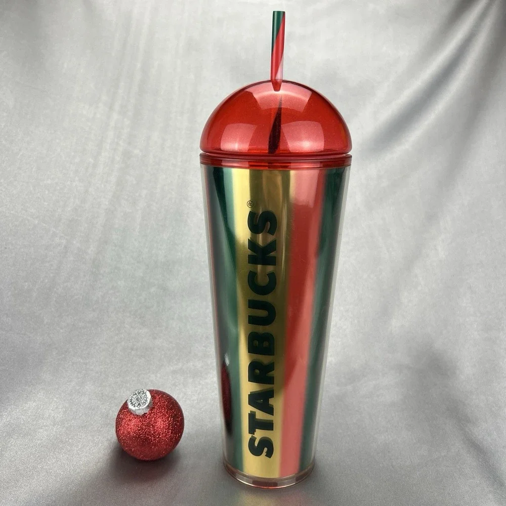 Starbucks 2024 Limited Edition Dome Cup Metallic Red Green Gold Stripe Christmas
